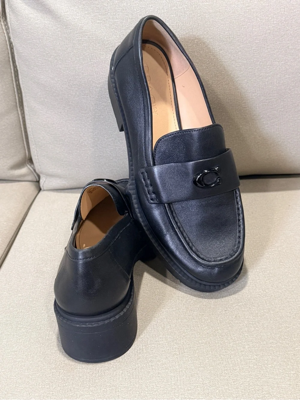 Coach Men's Black Leather Loafers with Glossy C Accent